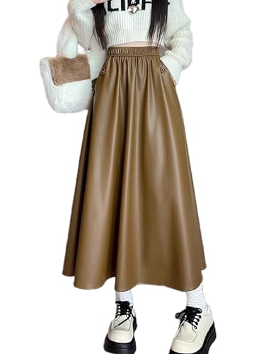 Kisidoo Faux Leather Maxi Long Skirt - High Elastic Waist A-Line Pleated Winter Swing Flare Skirt with Pockets