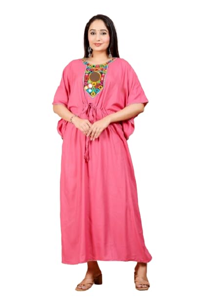 Royal Plum Traditional Hand-Mirror Work Kaftan Maxi(peach)-picture-49