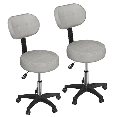 PIPIPOXER - Juego de 2 taburetes de peluquería con respaldo taburete rodante, giratorio 360°, regulable en altura 47-58,5 cm, taburete de oficina ergonómico para oficina, salón de masaje spa (gris)