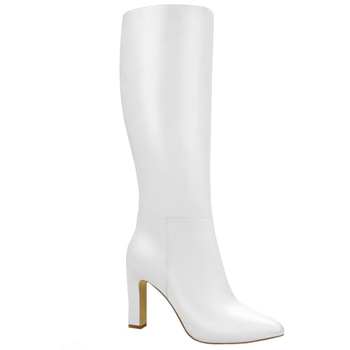 Discover the Best White Boots for Fall! 9 Quorvash Knee High Boots for Women - Long Elastic Faux Leather Tall Boots for Women Mid Block Heel Pointed Toe with Side Zipper Fall Winter White Size 7.5