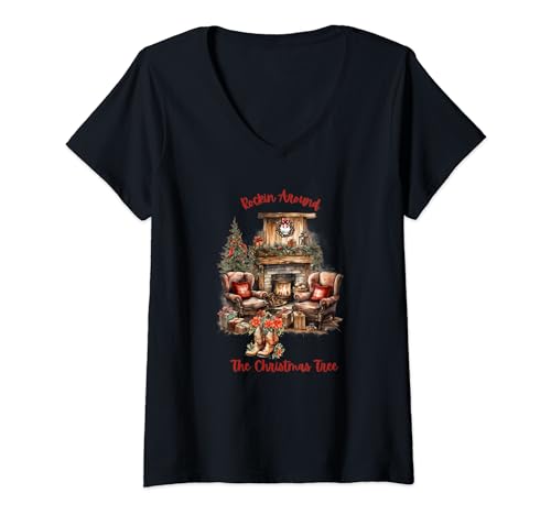 Navidad, árbol de Navidad, chimenea, botas de vaquero Camiseta Cuello V