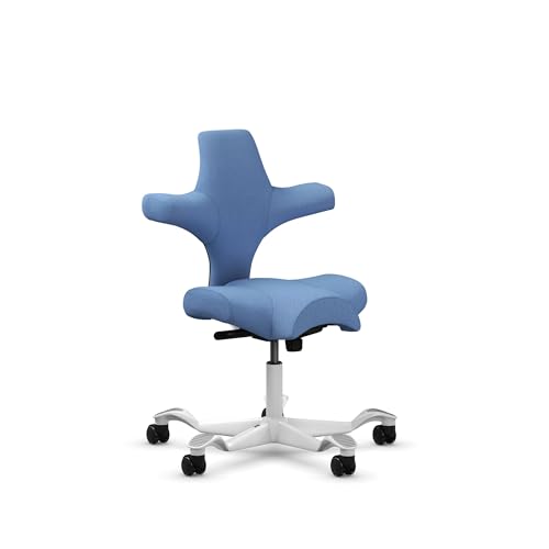 Image of HAG Capisco Standard Chair-White Frame-Upholstered Light Blue Washed
