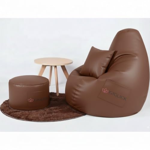 Image of 4XL Bean Bag Cover with Foot Stool & Cushion Cover | Premium PVC Leatherette | Double Stitched | 6 Months Warranty (Beans Required) Color- (TAN)