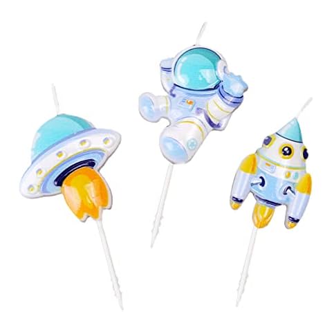 Spaceman Birthday Candles, Space Rocket Spacecraft Candles, Astronaut Theme Candles for Birthday Party Baby Shower - Set of 3 Cover