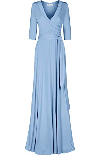 Image of Women's 3 /4 Sleeve Deep V-Neck Maxi Faux Wrap Solid Plus Size Dress