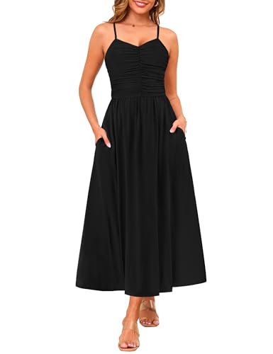 Image of Annebouti Women 2026 Summer Spring Ruched Maxi Dress Adjustable Spaghetti Strap Floral Beach Long Sundress with Pockets
