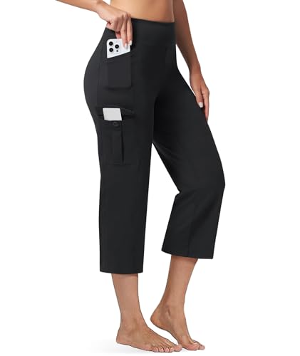 Casei Womens 21 Yoga Capris High Waisted with Pockets Cargo Capri Pants Straight Leg Casual Workout Travel Cropped Pants Black M