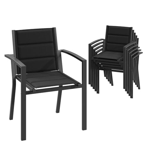 JUMMICO Garten Stapelstühle mit Armlehnen, Aluminium Outdoor Garten Stühle mit Baumwollsitz für Balkon, Terrasse, Garten - Set aus 6 Stück, DunkelGrau