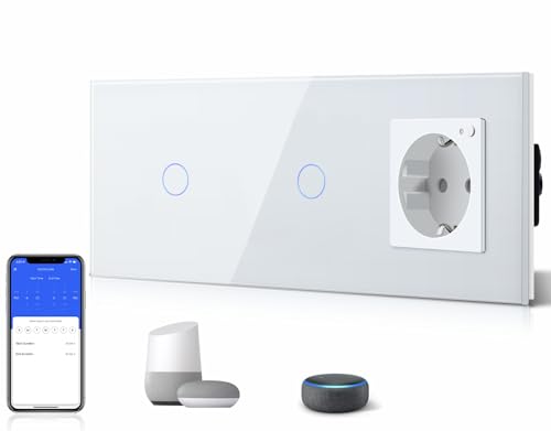 BSEED Double 1 Fach 1 Weg (Neutralleiter Erforderlich) 110V-250V WIFI Alexa Schalter mit 16A Steckdose Glasscheibe Google Stimme für Zuhause und Büro Weiß