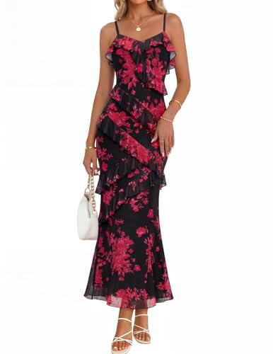 MEROKEETY Women's Floral Maxi Dress 2026 Summer Beach Spaghetti Strap Ruffle Bodycon Wedding Guest Cocktail Long Dresses, BlackRed, Medium