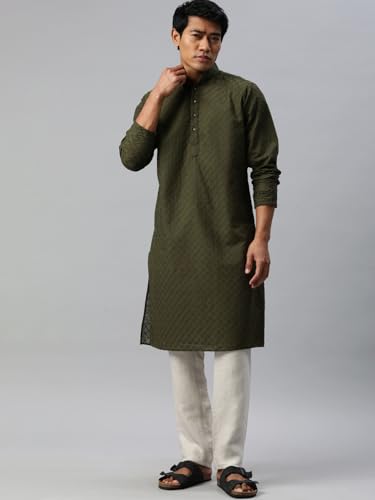 Image of Majestic Man Men's Cotton Blend Regular Fit Casual Polyester Mandarin Collar Ethnic Motifs Embroidered Long Regular Kurta