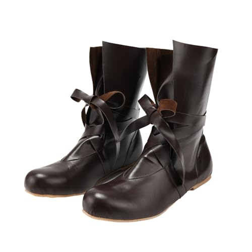 Image of BALINGNIANDAI Men Medieval Lace Up Leather Boots Retro Flat Bottomed Pirate Cosplay Shoes