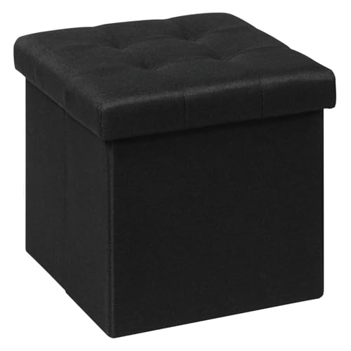 Bonlife Folding Ottoman Storage Box, Linen Black Cube Toy Chest with Lid, Multipurpose Footstool for Living Room, Bedroom & Nursery, 32x32x32cm, 120kg Capacity