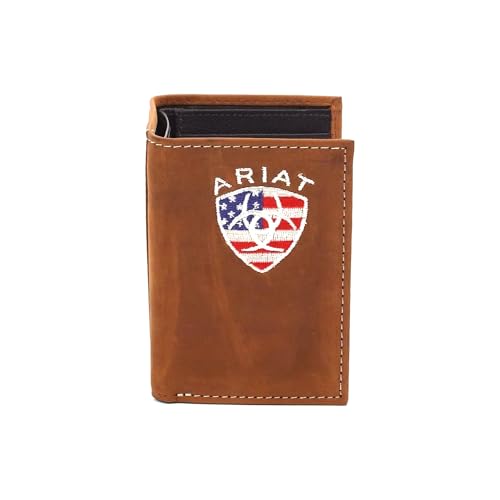 ARIAT Men's Leather Trifold Wallet with American Flag Shield Embroidery