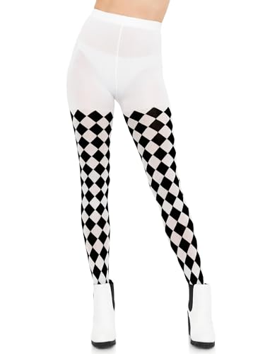 Sugar Sunday Checkered Tights for Women Halloween Checkerboard Harlequin Opaque Pantyhose Black White One Size
