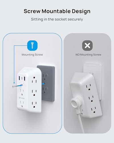 TROND Outlet Extender with USB-C, 8AC Outlet Splitter 3 USB Ports (2 USB-A Ports), Electric Plug Multiplier, Multi Plug with ON/Off, 3 Way Multiple Wall Extension Adapter for Home School Office