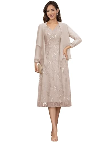Image of 2 Pieces Mother of Bride Dresses with Jackets - Sequin Lace Chiffon A-Line Tea Length Formal Evening Dresses for Women