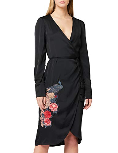 Truth & Fable Damen Wickelkleid aus Satin, Schwarz Rot Pfauenaufdruck, 34
