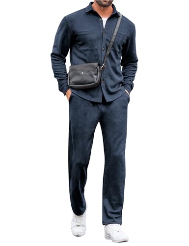 LecGee Men's 2 piece Outfit Long Sleeve Botton Down Loose Fit Casual...