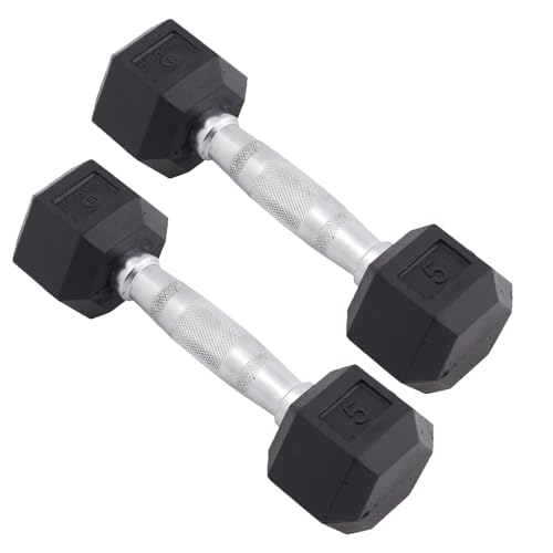 Body Sport Rubber Encased Hex Dumbbell Weight, 5 lb. (Pair) - Chrome, Anti-Slip Grip for Strength Training - Home Gym & Fitness Equipment