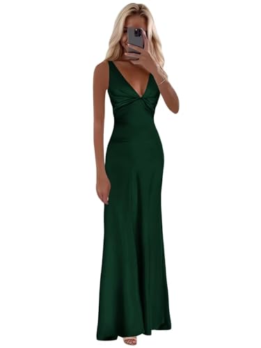 Cudiew Satin Bridesmaid Dresses Corset V Neck Prom Dresses Teens Back Self Tie Formal Evening Party Gown for Women