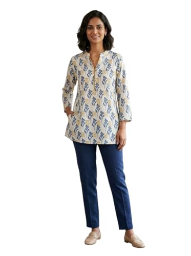 Image of VEDANEE FASHION'SWomen's Floral Print Tunic, Blue and Yellow, Zip Neck, 3 /4 Sleeves, Casual Kurta Style Top