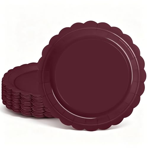 JCTHKUKU 48 Pcs Burgundy Scalloped Paper Plates 7 Inch Disposable Burgundy Dessert Plates for Wedding Birthday Party Baby Shower Bridal Shower Thanksgiving Cake & Dessert Plates