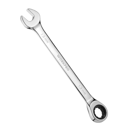 WORKPRO 13 mm Ratcheting Combination Wrench Metric, CR-V Constructed with Mirror Polish Chrome Plating, 12-Point Design, 15-Degree Offset 13mm Mirror Polish