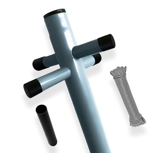 FB FunkyBuys 2.4m Large Heavy Duty Galvanised Washing Line Pole Post with 60m Rope & Ground Socket – Outdoor Clothes Line Drying Rack Garden Pole for Laundry (Dark Grey, 1)