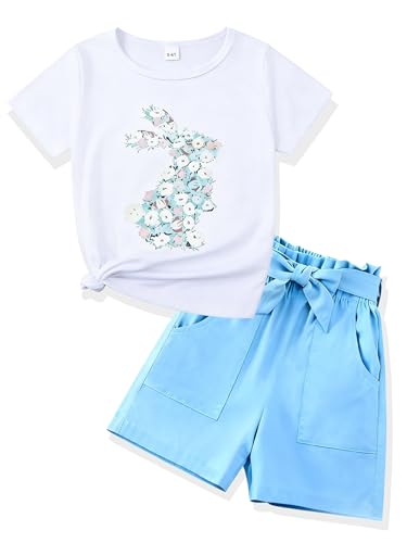 Image of KIDLAGA Toddler Kid Girl Outfits Clothes Floral Short Sleeve T-Shirt Top + Waist Pocketed Summer Short Sets 4-7T Girl Clothes