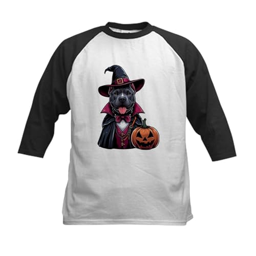 CafePress Costumed Pitbull Halloween Kids Baseball T Shirt Kids Cotton Baseball Jersey, 3/4 Raglan Sleeve Shirt Black/White
