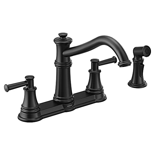 Image of Moen 7255BL Belfield Traditional Two Handle High Arc Kitchen Faucet with Side Spray, Matte Black
