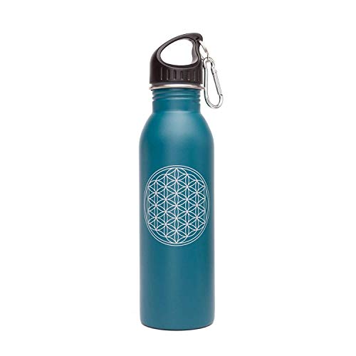 Bodhi Edelstahl-Trinkflasche, superleicht, bunt bedruckt mit farbenfrohen Design-Motiven, 700 ml, inkl. Karabiner-Deckel und Sport-Top, für Sport, Reise und Freizeit (Blume des Lebens, petrol)