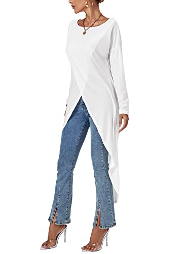 Lyaner Women's High Low Long Sleeve Wrap Front Split Hem Long Shirt Blouse Tunic Top Solid White Xx-Large #TOP4