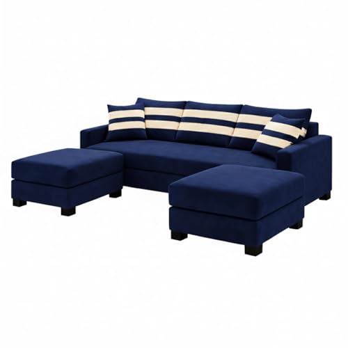 Image of Kassian Rich Velvet Suede 3 Seater Sofa Set with 2 Ottomans | Spacious Soft Touch Comfort Seating | Modern Sofa for Living Room - Dark Blue