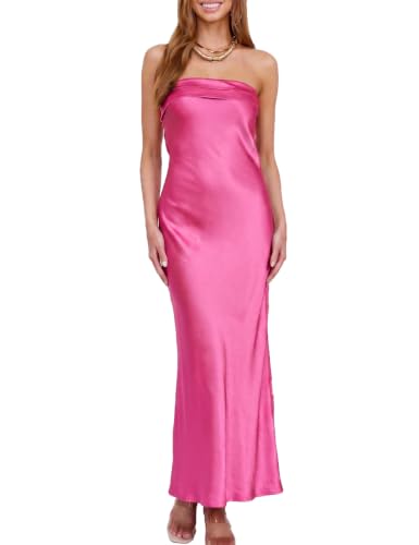 Image of Realtix Summer Satin Strapless Backless Maxi Dress for Women Wedding Guest