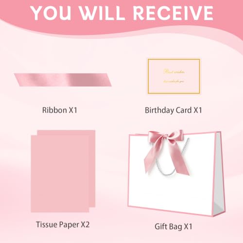 Image of JMANNI Gift Bags with Handles, 13 inch Medium Gift Bag for Presents, 1 Pcs Bags with 2 Tissue Paper and 1 Cards for Baby Shower Wedding Bridal Shower Mother's Day Birthday Party (White-Pink