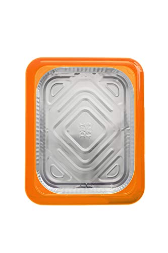 Fancy Panz 2-in-1 Dress Up & Protect Your Foil Pan, Made in USA, Fits 2 size of foil pans. Foil Pan & Serving Spoon Included. Hot or Cold Food. Stackable for easy travel. BPA free (Orange)