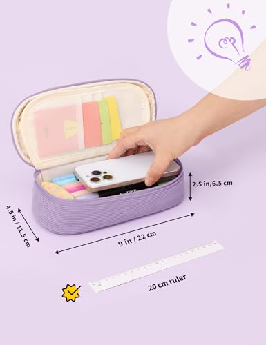 Image of SUNEE Cute Pencil Case, Large Pencil Pouch, Soft Corduroy Fabric Big Pencil Bag with Zipper, Kawaii Pen Bag Stationery Storage and Organizer, School Supplies for Teen, Student, Boys,Girls, Soft Purple