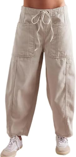 Women Casual Loose Cropped Pants Denim Elastic Waist Cargo Wide Leg Jeans with Pocket