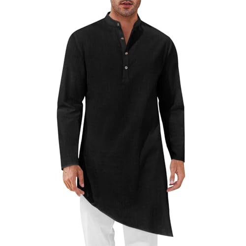 Mens Kaftan Robe Thobe Linen Long Sleeve Henley Shirt Casual Button Down Band Collar Muslim Gown Kurta Tops Beach Tees