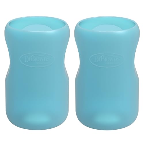 Image of Dr. Brown’s Natural Flow® Options+™ Glass Baby Bottle Sleeves, 100% Silicone, 9 oz, Wide-Neck, Blue (Pack of 2)