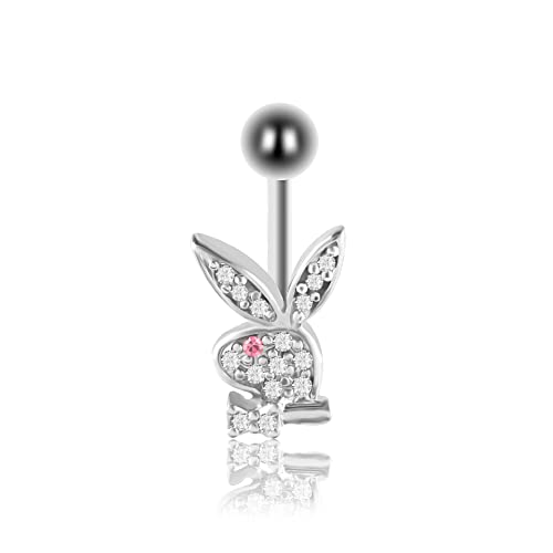 Bunny Belly Button Nail Multi Rhinestone Paved 316L Surgical Steel Playboi Rabbit Dangle Navel Ring Barbell Body Piercing Jewelry For Adults, Silver #TOP24