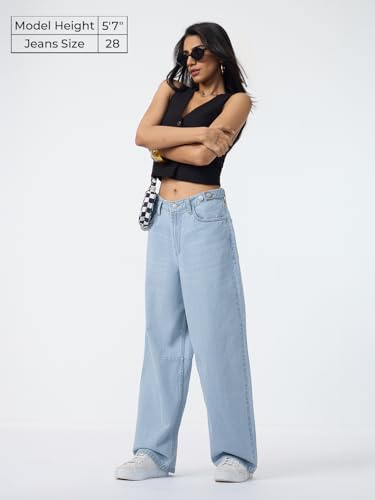 Image of The Souled Store: Barrel-Fit Denim: Women and Girls Washed Cotton Twill Barrel Fit Lightweight Adjustable Rise Everyday Casual Denim Jeans