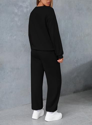 Herseas Womens 2 Piece Letter Patched Outfits Textured Long Sleeve Crewneck Sweatshirt with Jogger Pants Lounge Set3