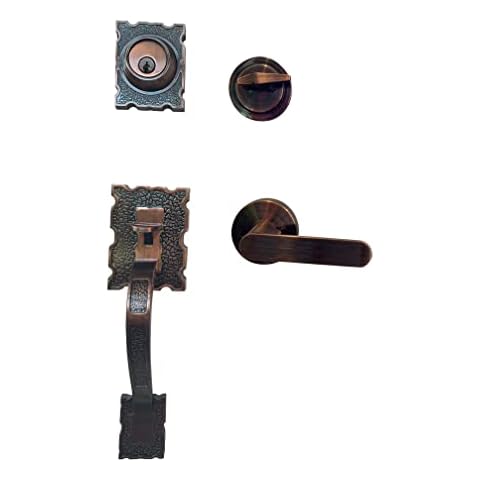 LOCKSET Reversal Front Door Hardware Set LAMA, Grip Entry Door Lock Set with Lever Handle and deadbolt, Antique Copper Cover