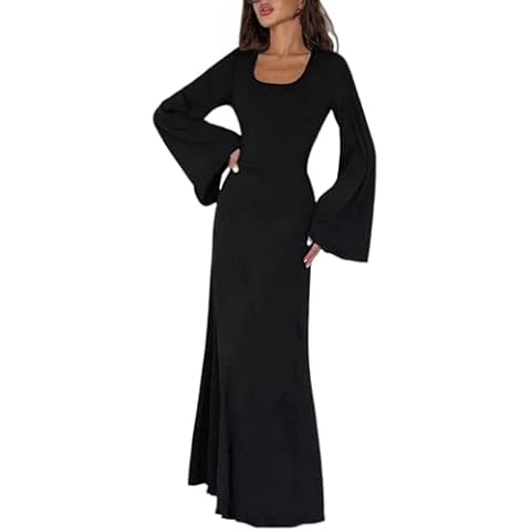 ZGMYC Women's Scoop Neck Lace Up Ribbed Maxi Dress Knit Flare Sleeve Bodycon Dress Loose Casual Long Dresses Black Cover