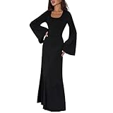 ZGMYC Women's Scoop Neck Lace Up Ribbed Maxi Dress Knit Flare Sleeve Bodycon Dress Loose Casual Long Dresses Black