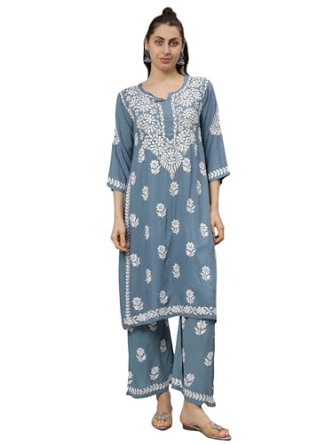 Image of Seva Chikan Hand Embroidered Lucknowi Chikankari Rayon Kurta and Palazzo Set SCL8037
