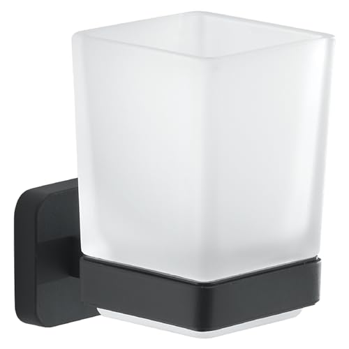 Gedy Tonga Soporte Cepillo de Dientes, Porta Cepillo de Dientes de Pared, Negro Mate, Acero INOX y Cristal, 6,4 x 9,7 x 10,5